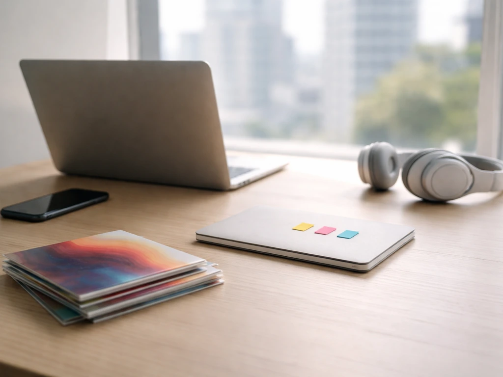 Minimal desk scene with laptop, phone, headphones, and timeline-like sticky tabs symbolizing career milestones.
