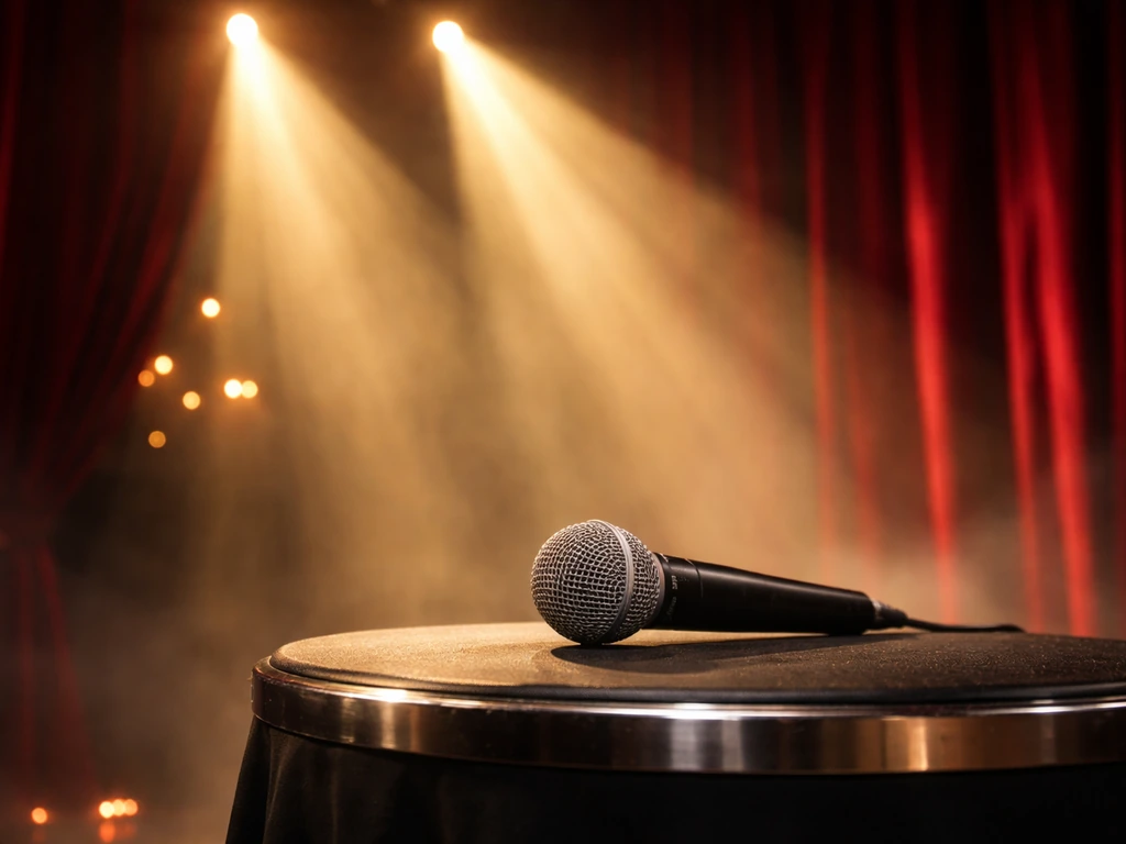 Spotlight-lit nightclub stage with a microphone and a glamorous red velvet curtain, symbolizing celebrity entertainment