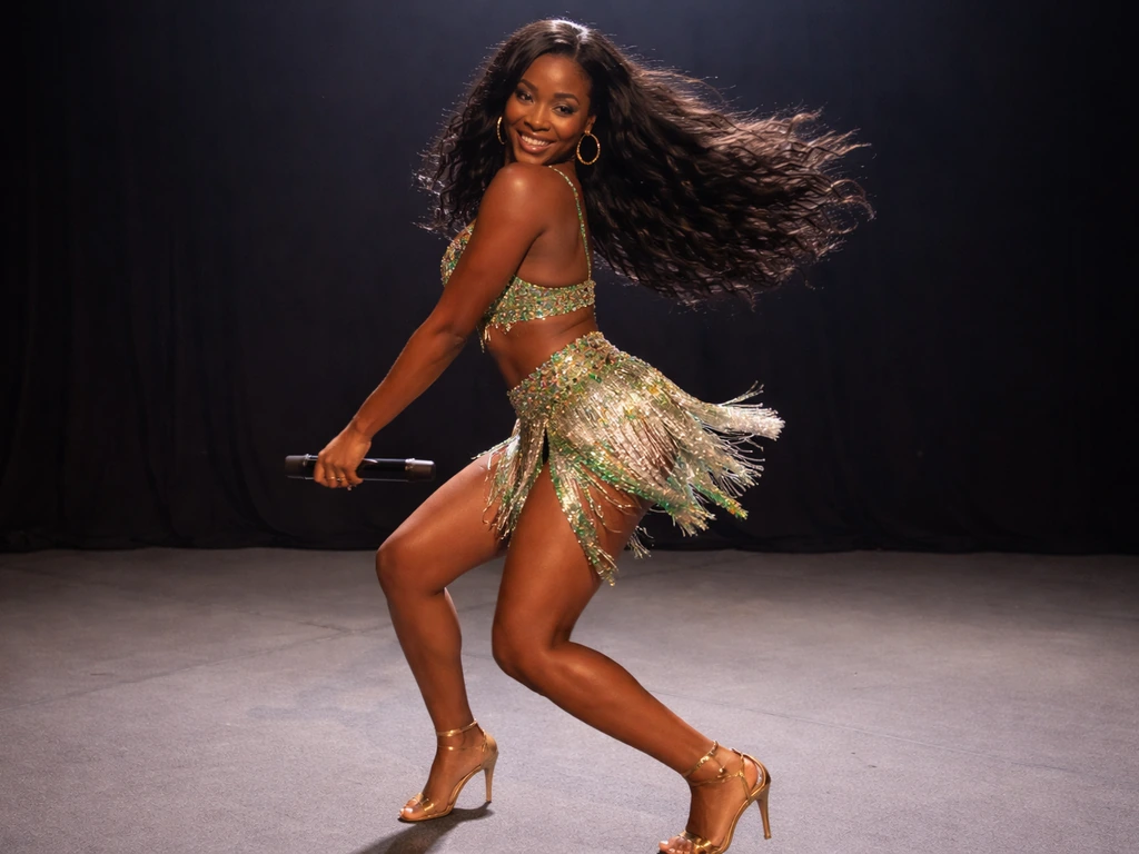 Anonymous dancer in a shimmering performance outfit on a minimal studio stage with soft lighting.
