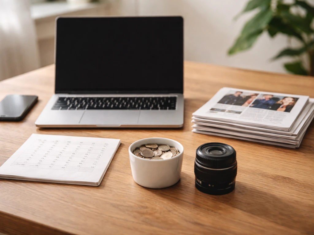 Minimal desk scene with laptop, smartphone, and mixed media/finance objects symbolizing net worth estimate components.