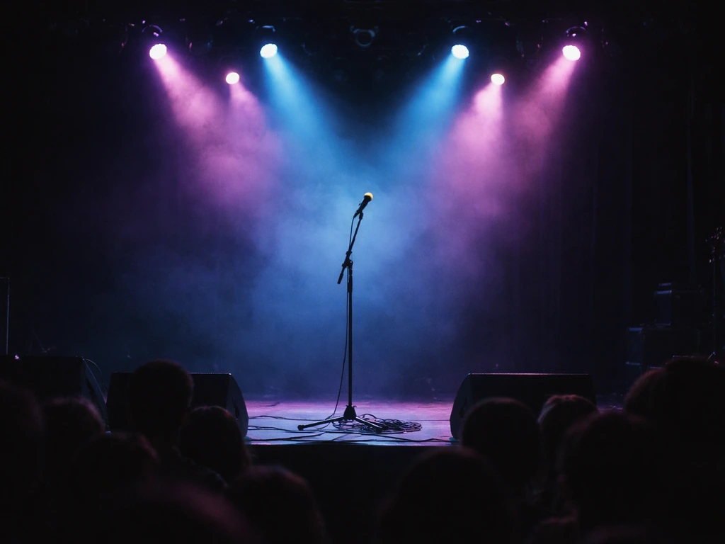 Spotlight-lit concert stage with colored lights, microphone stand, and a blurred audience at night.