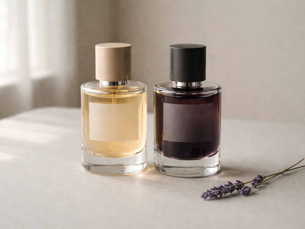 Two minimalist perfume bottles side by side on a light tabletop, warm and dark fragrance tones.