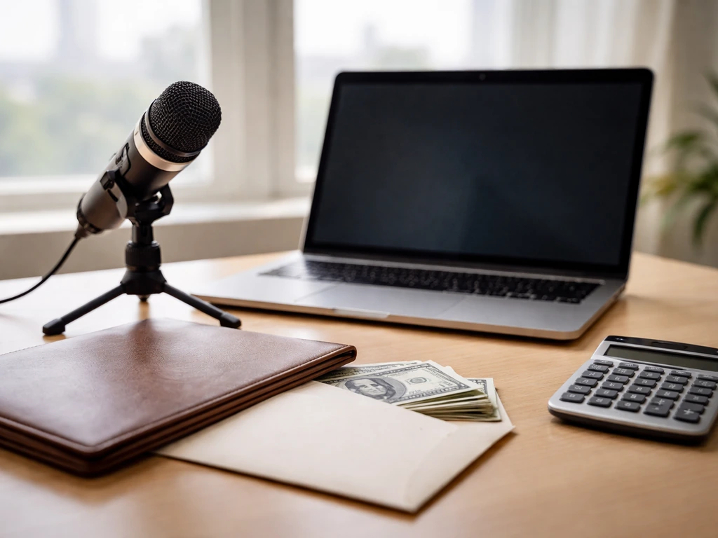 Minimal desk scene with microphone, laptop, cash envelope, and calculator suggesting media and business earnings.