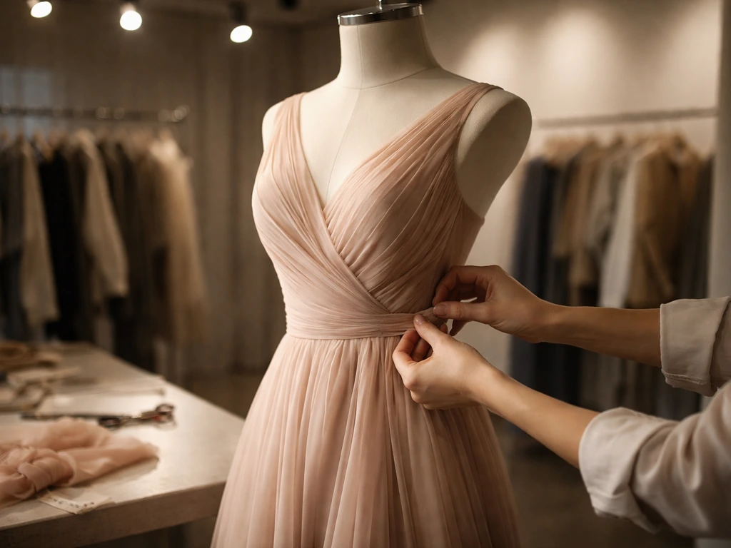 Hands adjust an elegant gown on a dress form under warm spotlights in a quiet fashion atelier.
