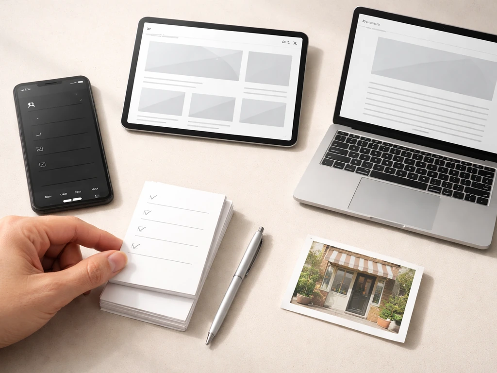 Desk photo with blank checklist cards and phone/tablet/laptop mockups showing verification sources.