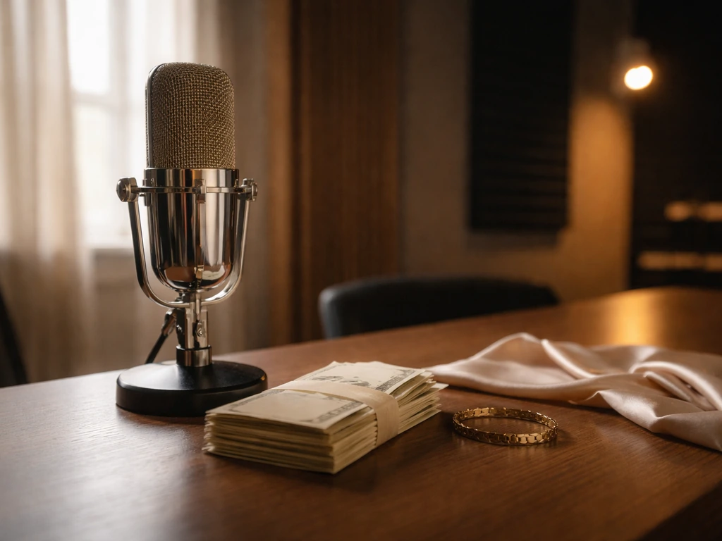 Glamorous recording studio desk with a microphone and scattered cash envelopes, symbolizing net worth discussion