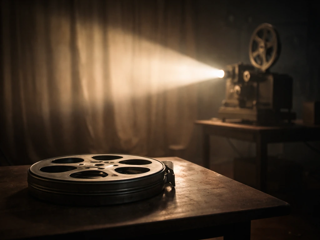 Vintage film projector and 35mm reel on a table, symbolizing film success and royalties.
