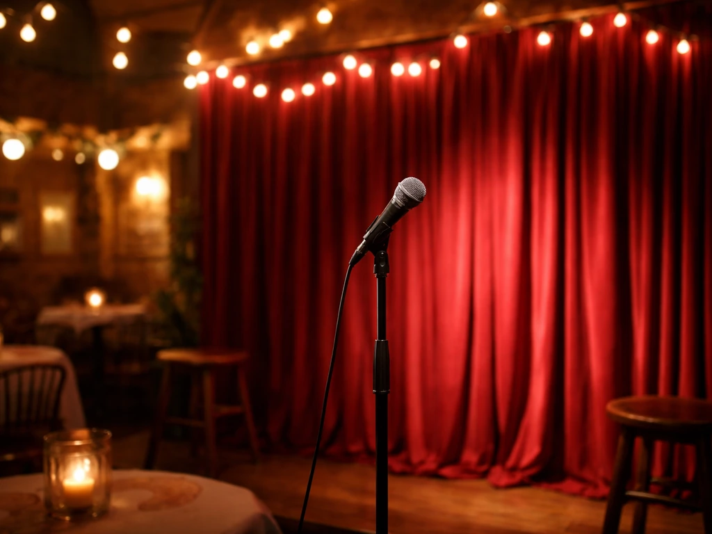 Warm Las Vegas live-performance stage with a single microphone and soft red curtain backdrop.