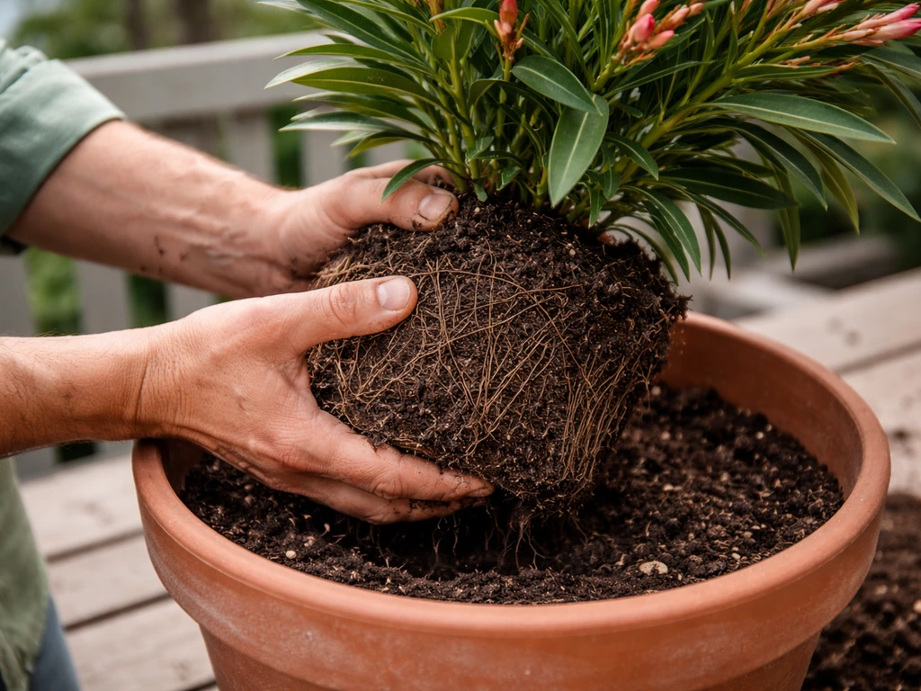 Hands loosening an oleander root ball in a nursery pot before placing it into a container of soil.