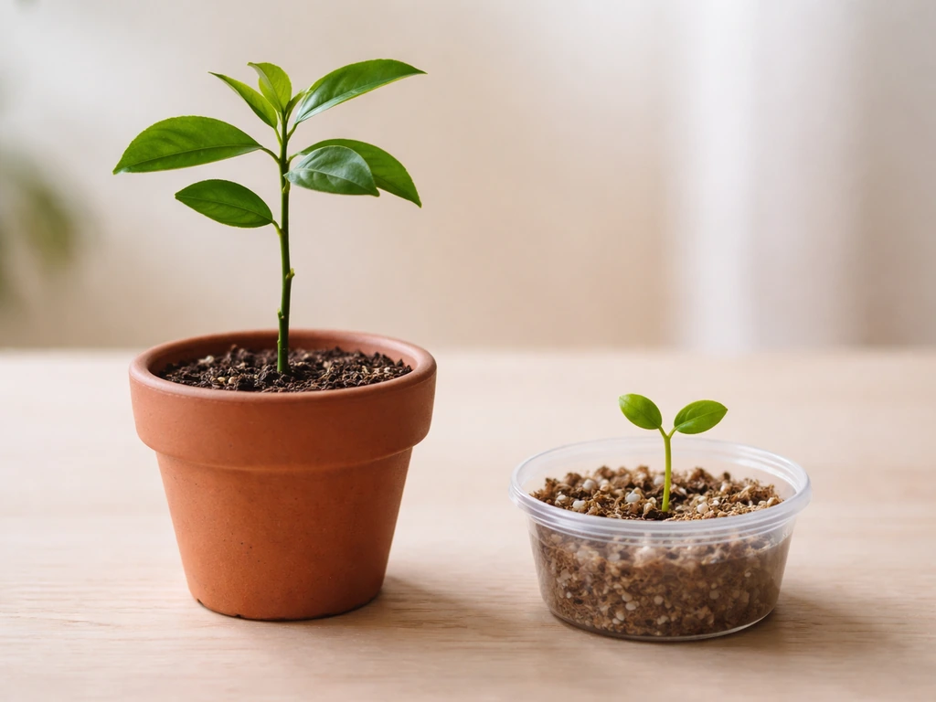 Side-by-side photo of a small orange sapling pot and an orange seedling in a clear seed-starting container.