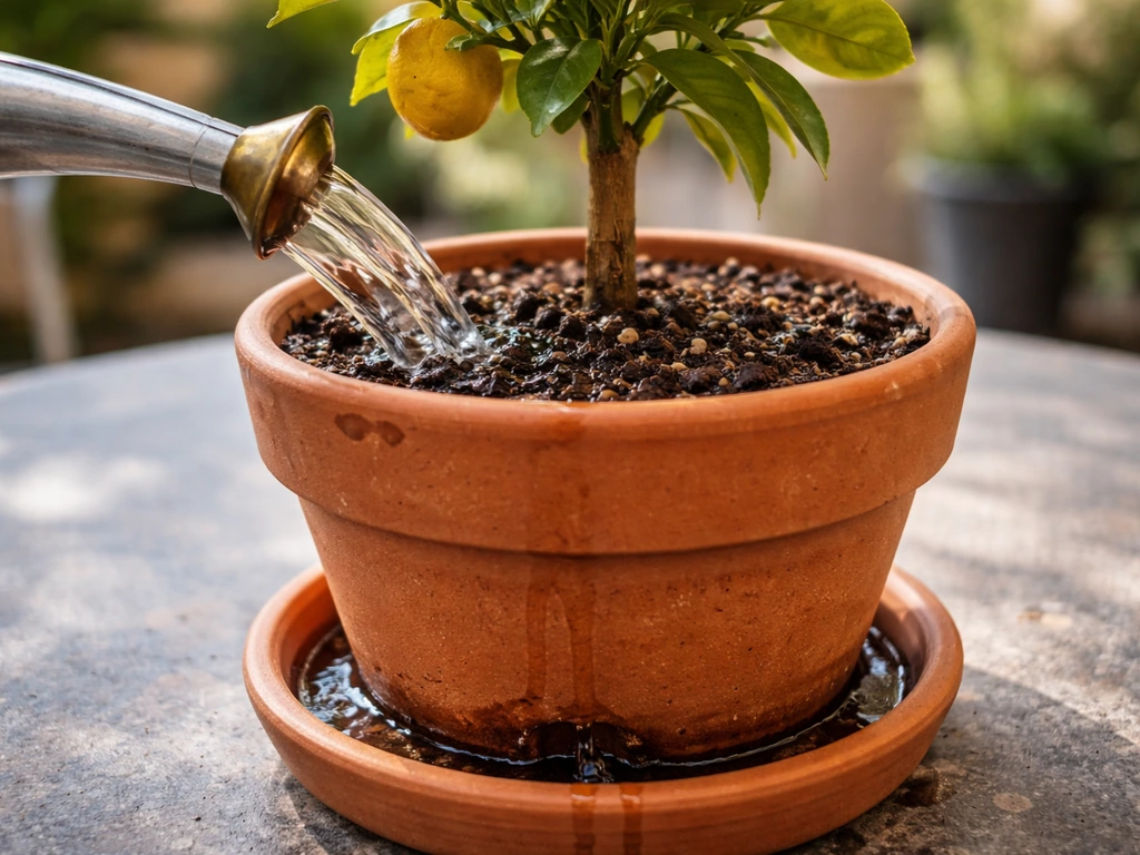 Slow watering of a container citrus plant, water soaking into soil with drainage visible.