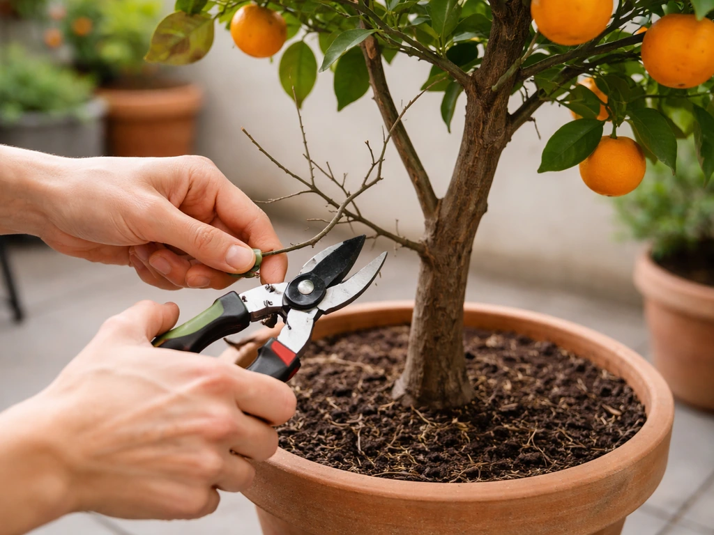 Hands trimming dead branches on a potted orange tree, shaping it for healthier flowering and fruiting.