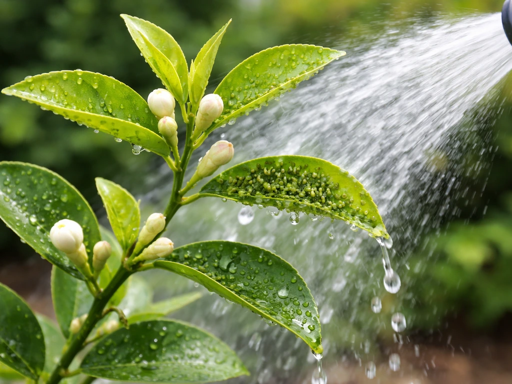 Hand rinsing visible aphids off fresh citrus leaves with a strong water spray outdoors