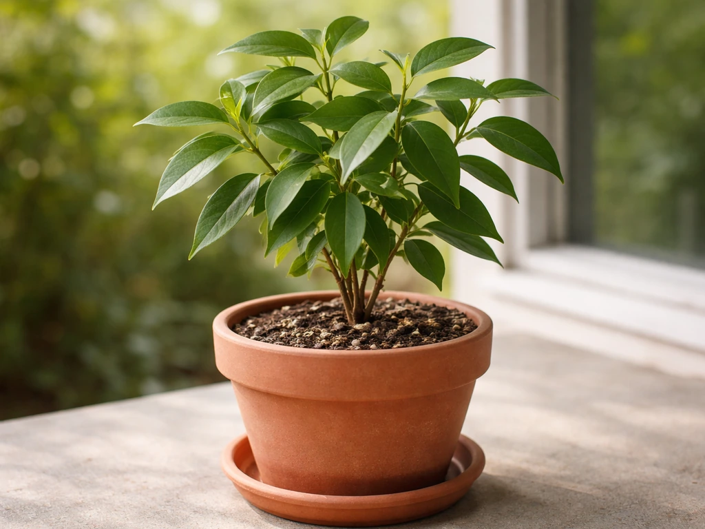 A lush cinnamon plant thriving in a terracotta pot with visible potting mix and drainage saucer.