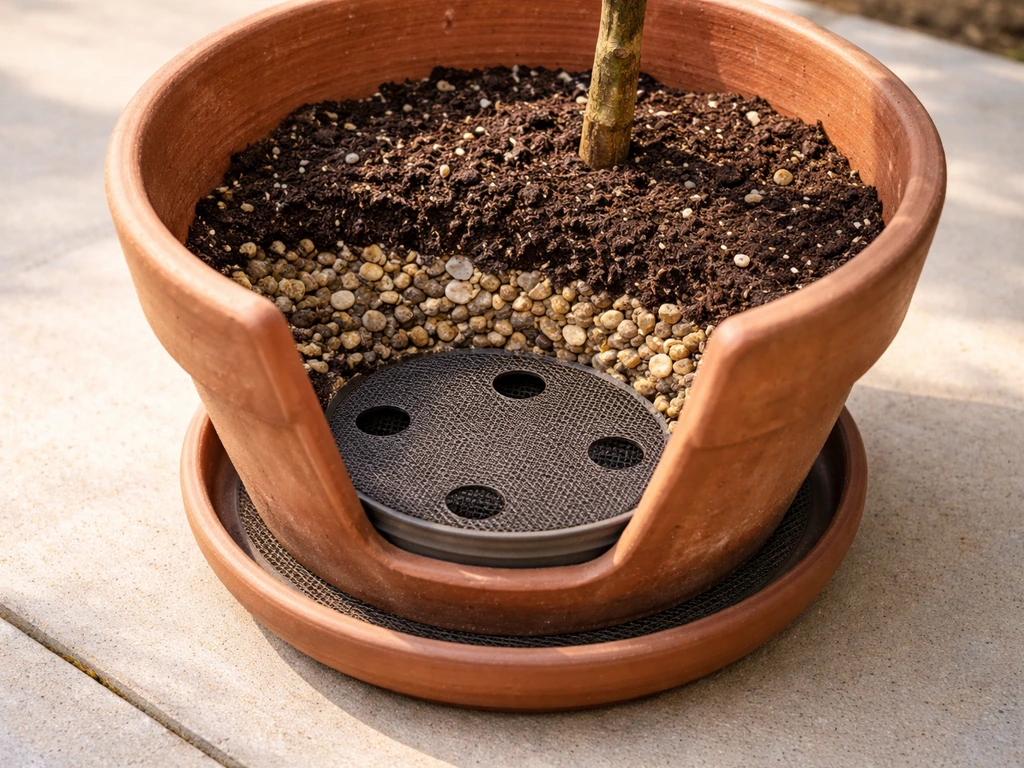 Terracotta pot bottom with drainage holes, gravel layer, and mesh strainer supporting proper drainage.