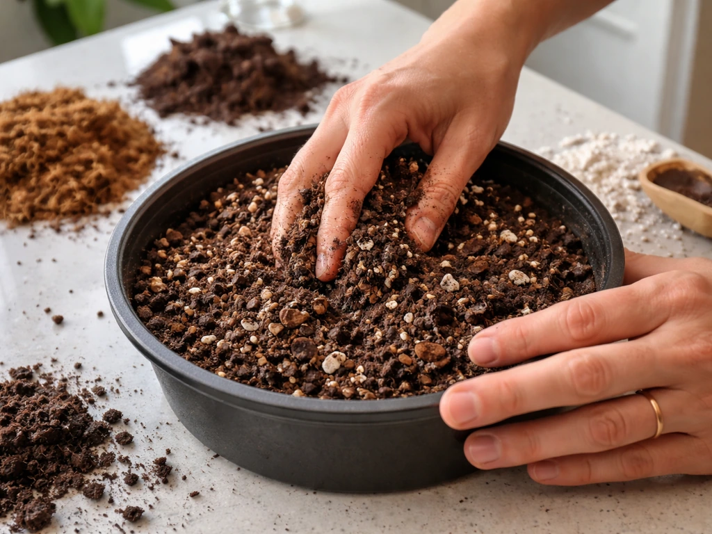 Hands mixing moist potting mix ingredients in a container with crumbly texture and visible perlite.