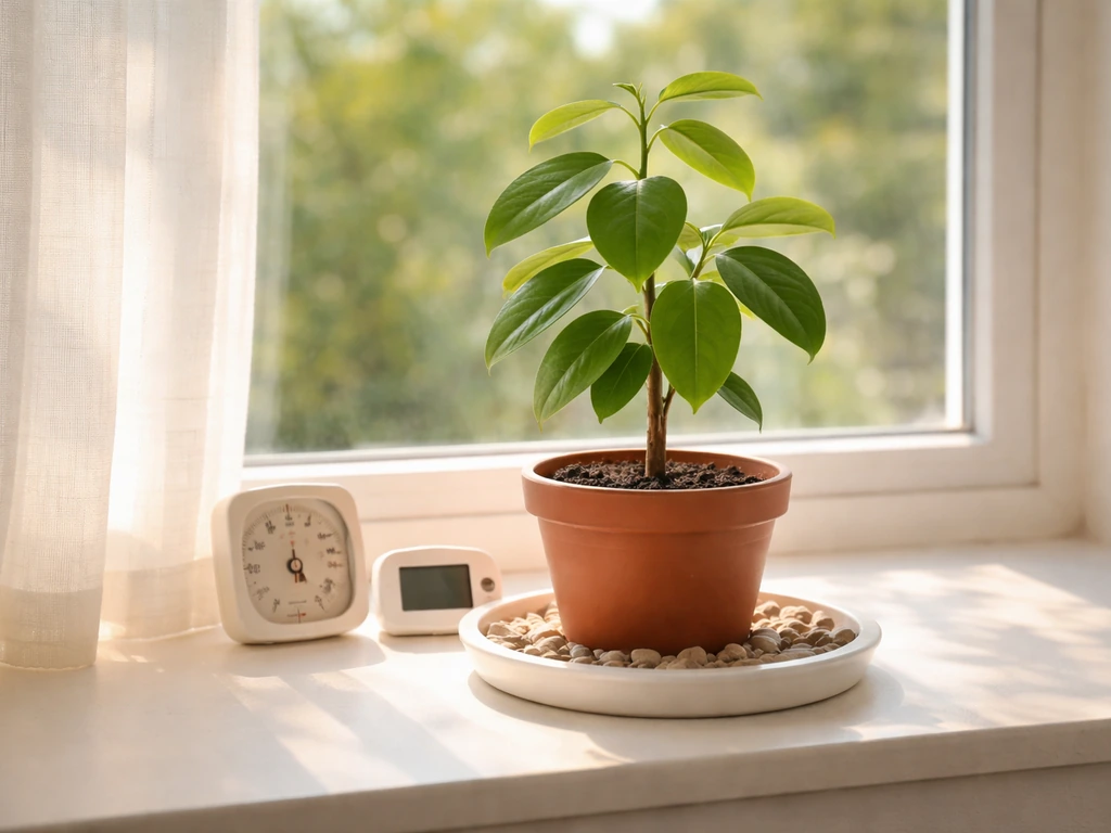 Cinnamon plant on a sunny windowsill with a nearby humidity/temperature device and water pebble tray.
