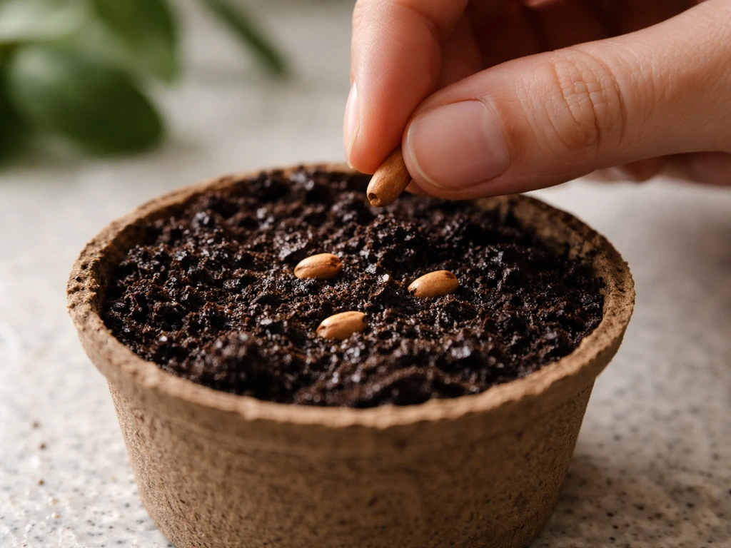 Fresh cinnamon seeds being placed into a small pot with moist potting mix in natural light.