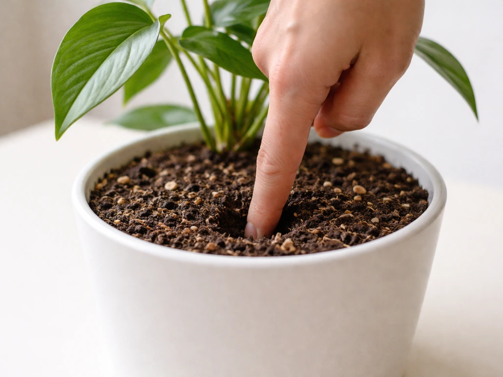Anonymous hand inserts finger into potting mix up to the second knuckle to test soil moisture.