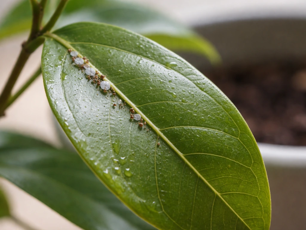 Close-up of potted cinnamon plant leaves with small cotton-like clusters and sticky honeydew residue