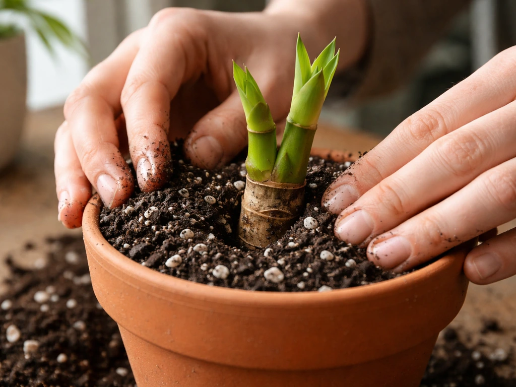 Hands backfilling a small pot with a well-draining mix around a planted bamboo cutting.
