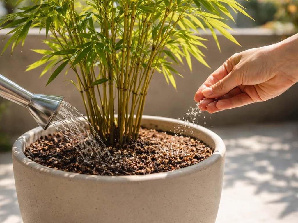 Close-up of a potted bamboo in strong sun with a watering can and granular fertilizer being applied to the soil.