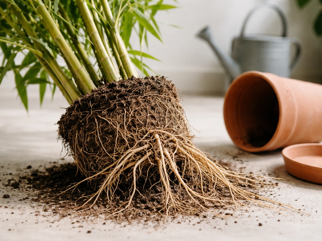 Bamboo plant tipped from a pot, roots visible near drainage holes in a simple indoor setting