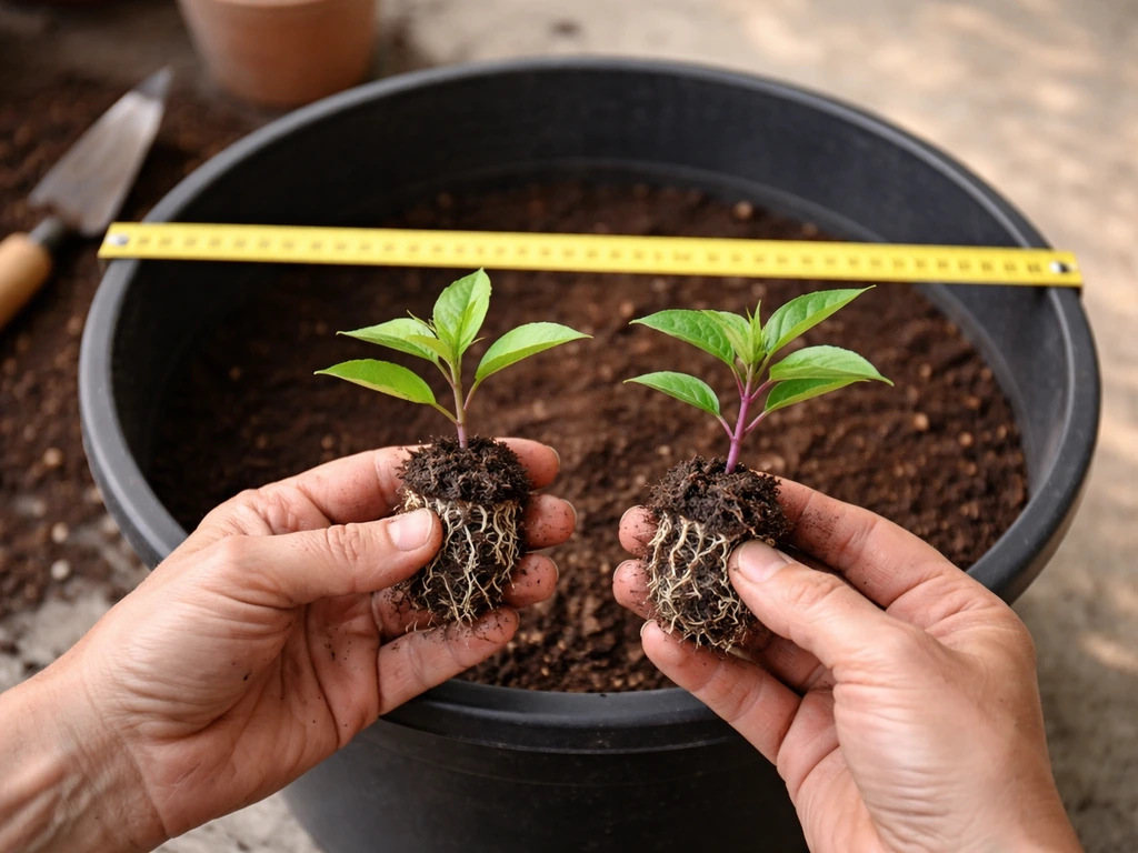 Gardening hands selecting purple passion fruit seedlings beside a large container and a measuring tape size reference.