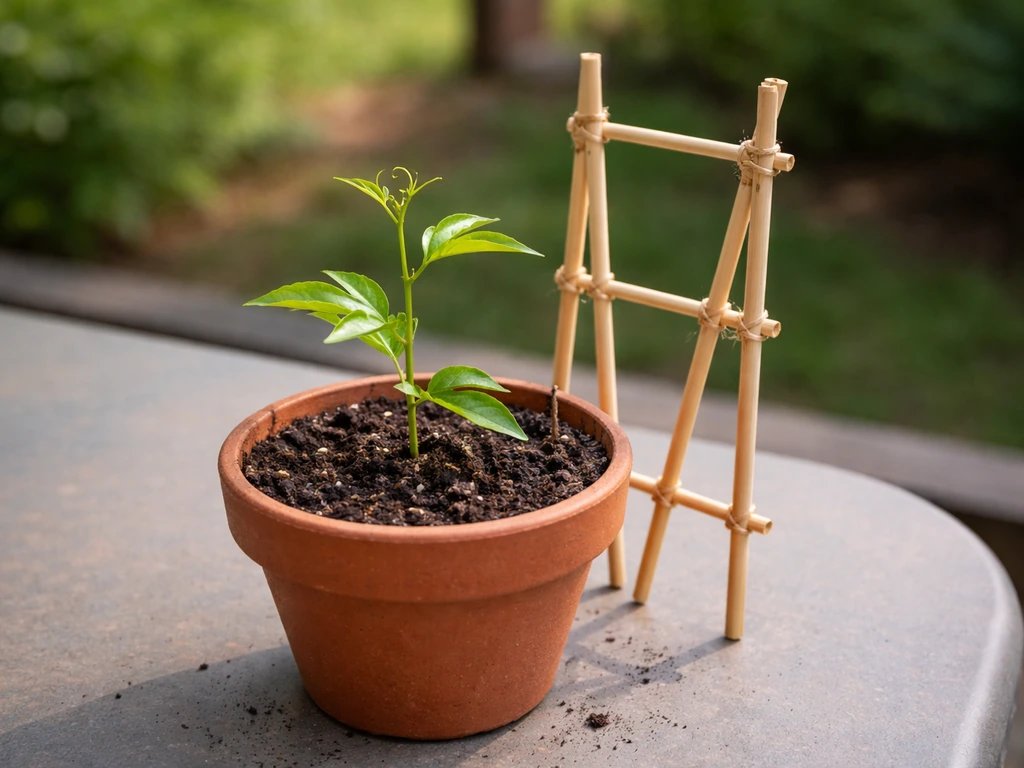 Young passion fruit cutting in a pot with a small trellis support positioned alongside
