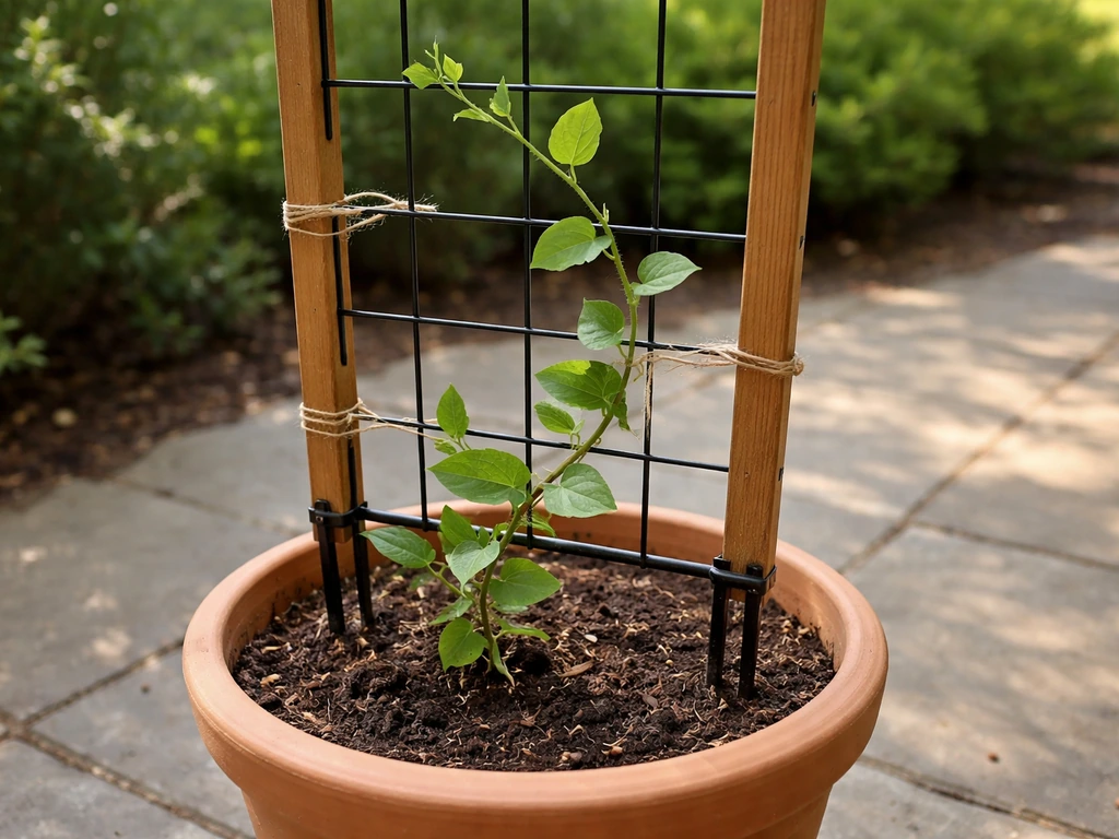 A potted climbing vine tied to a sturdy timber-and-metal trellis frame anchored in the container.