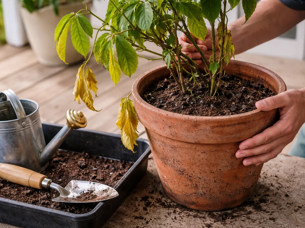 Wilting, yellow passion fruit leaves in a pot with gardener tools on hand for checking roots and drainage