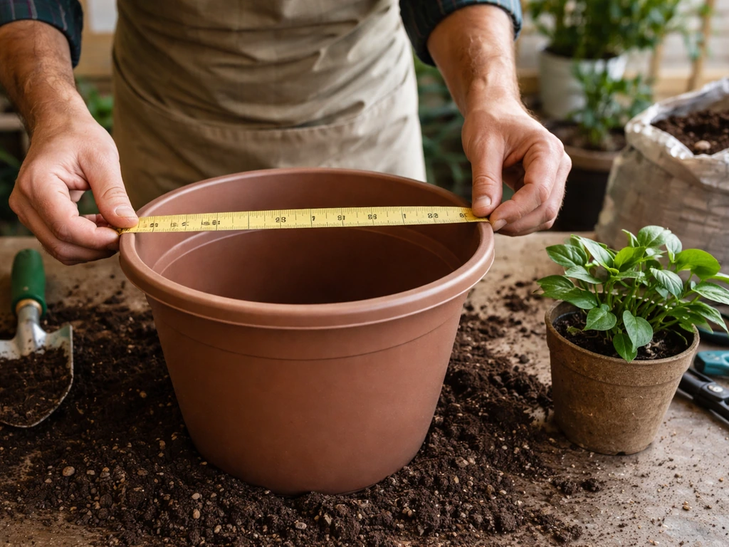 Hands holding a tape measure over a correctly sized container for a plant