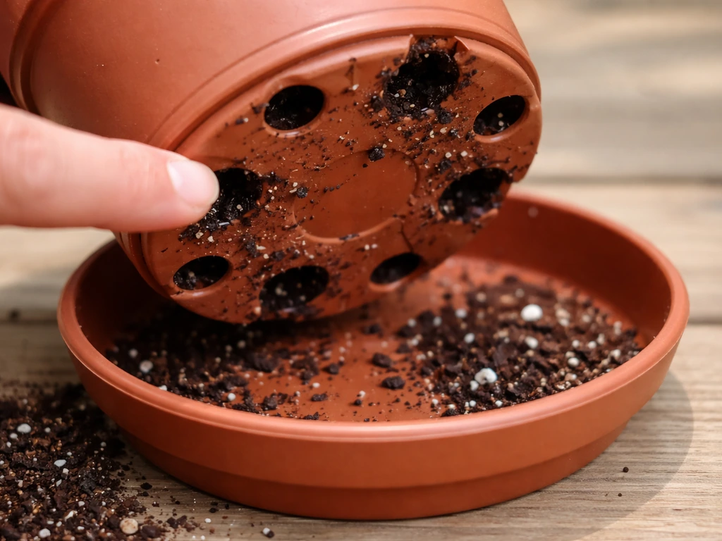 Drainage holes visible at the bottom of a pot with saucer underneath