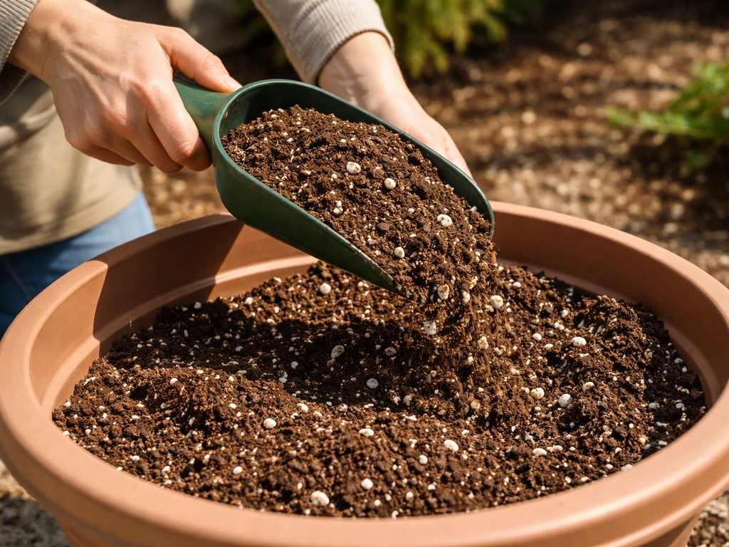Pouring potting mix into a container pot for better moisture and airflow