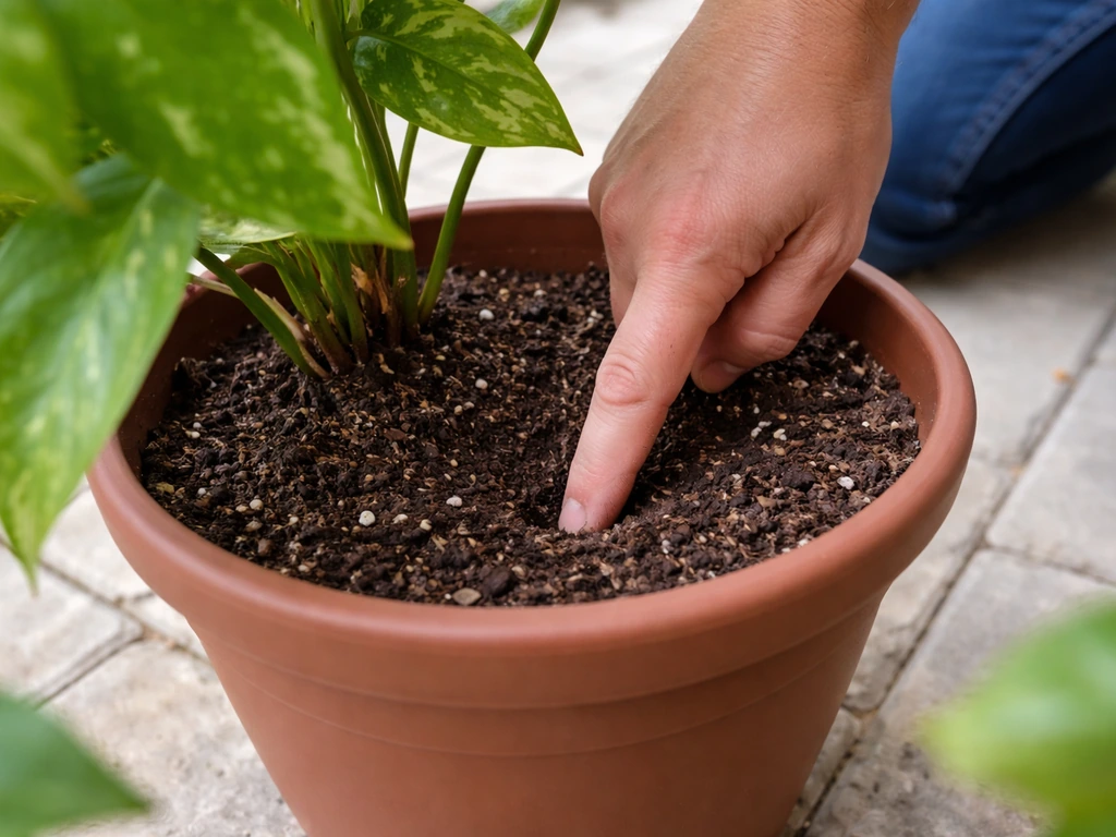 Finger checking soil moisture one inch down before watering