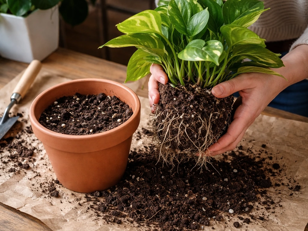 New potting mix and a repotted plant with roots visible