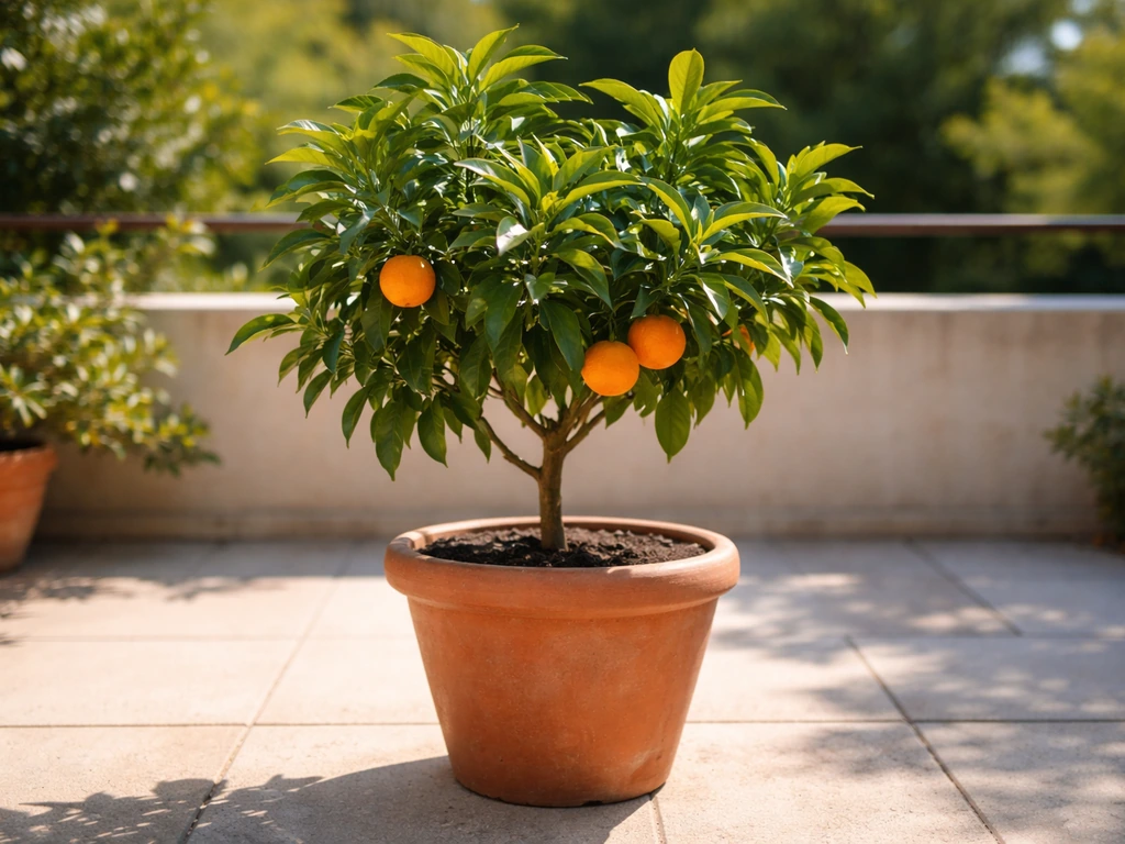 Potted mandarin orange tree on a patio with healthy green leaves and a few ripe oranges.