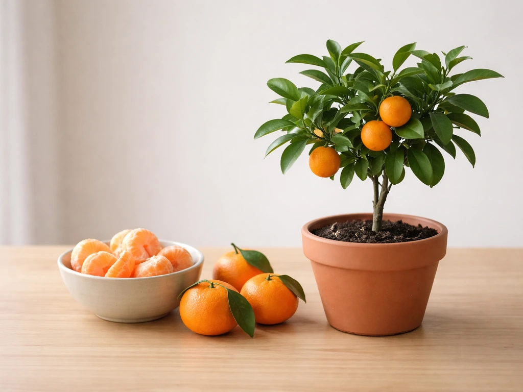 Small mandarin fruit in a simple bowl and a compact potted mandarin tree in soft natural light.