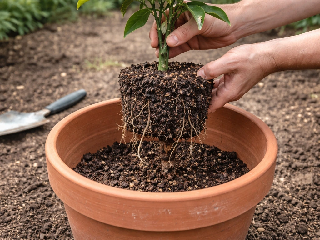 Grafted mandarin sapling positioned in a pot with loosened roots at correct planting depth.
