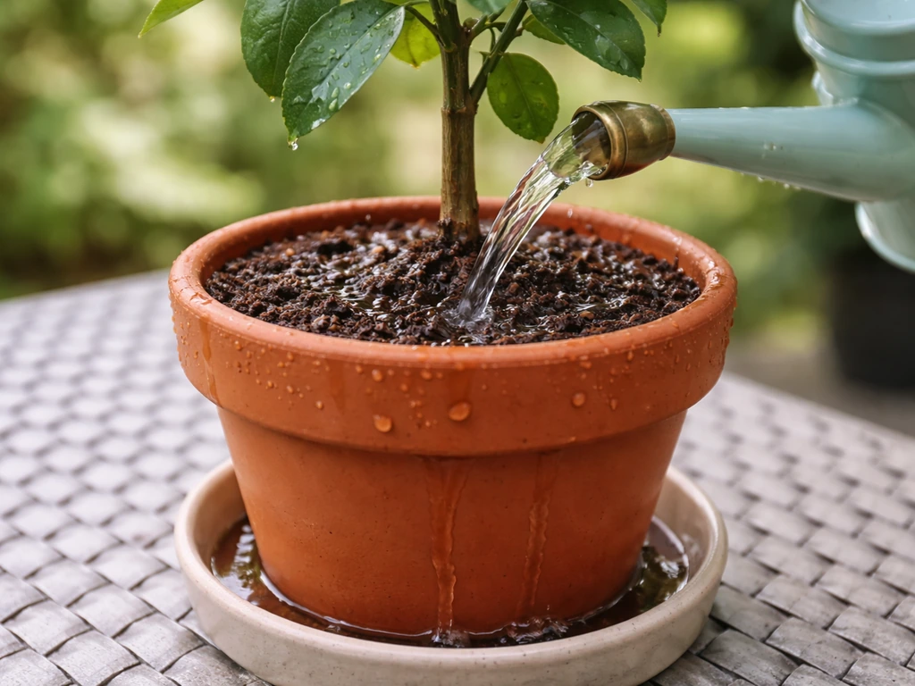 Close-up of a potted citrus being watered, soil darkening and runoff draining from the pot.