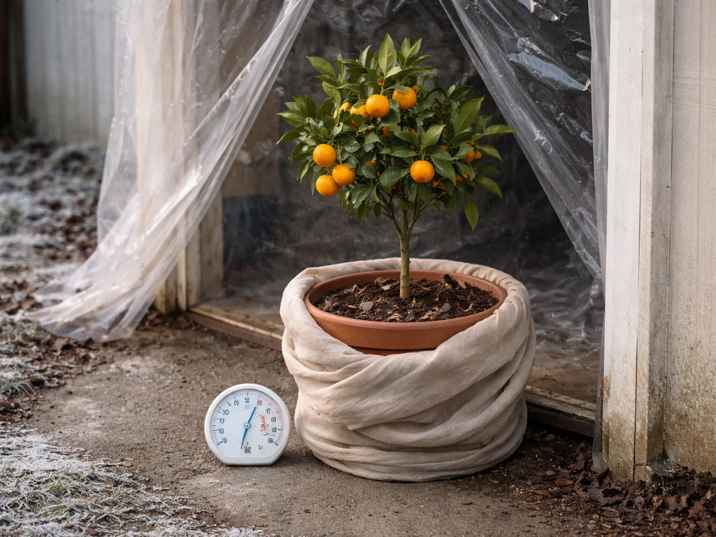 Potted mandarin tree under a covered cold-frame/garage doorway area with a small thermometer