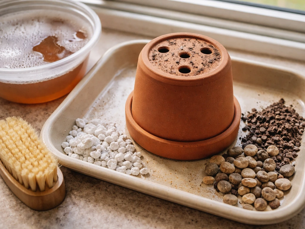 Drainage hole at the bottom of a small pot with clean setup