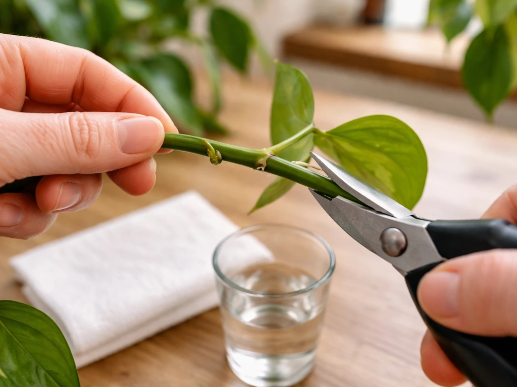 Cutting being taken just below a node on a pothos vine