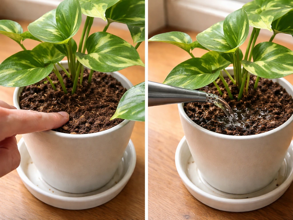 Watering can pouring into pot after checking soil moisture