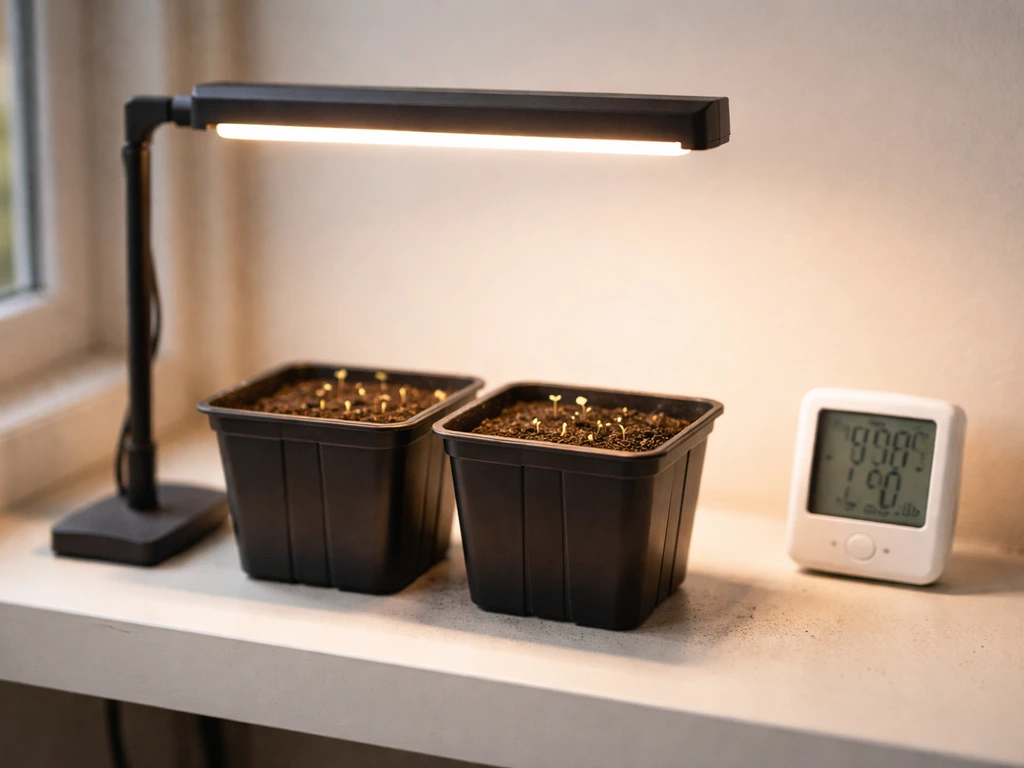 Pots with soil under a grow light, with a small thermometer/hygrometer nearby on a windowsill.