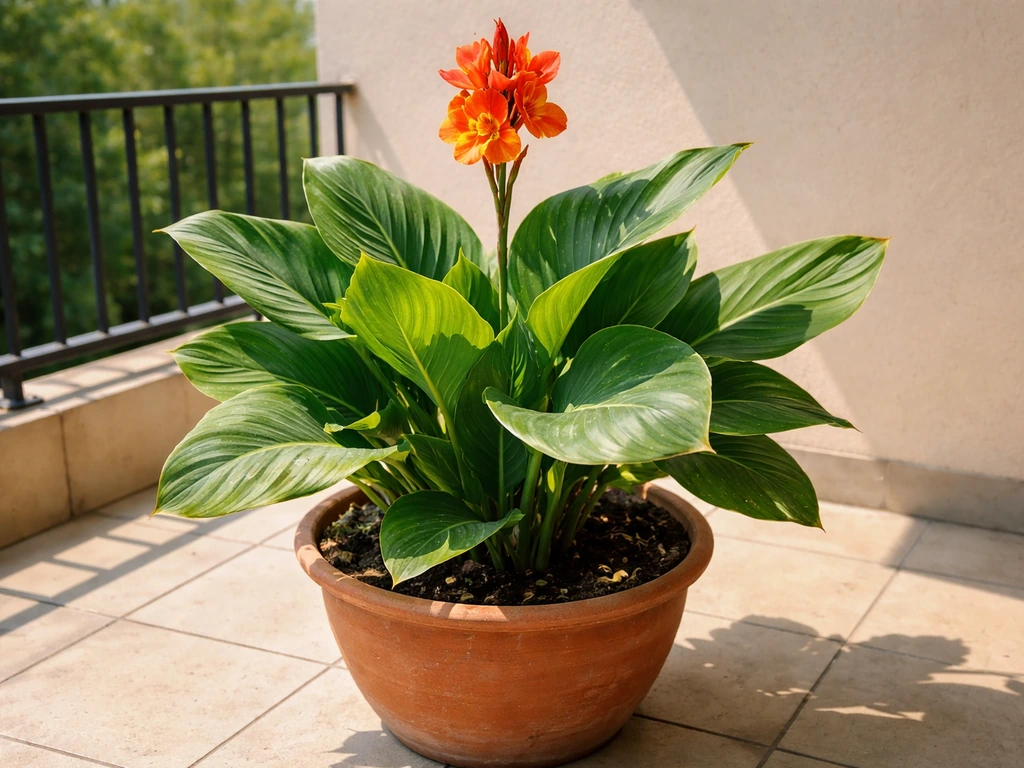 A blooming canna in a terracotta pot on a sunny patio with lush leaves and an upright flower spike.