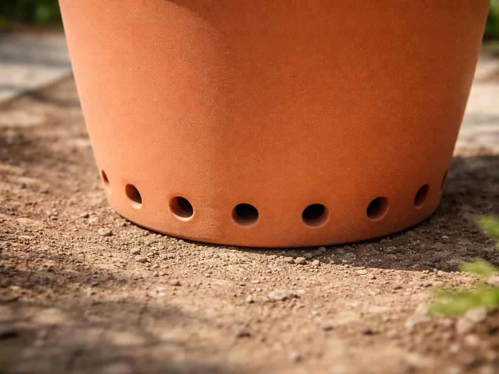 Close-up of a large outdoor pot with drainage holes in a sunny spot, emphasizing size and drainage.