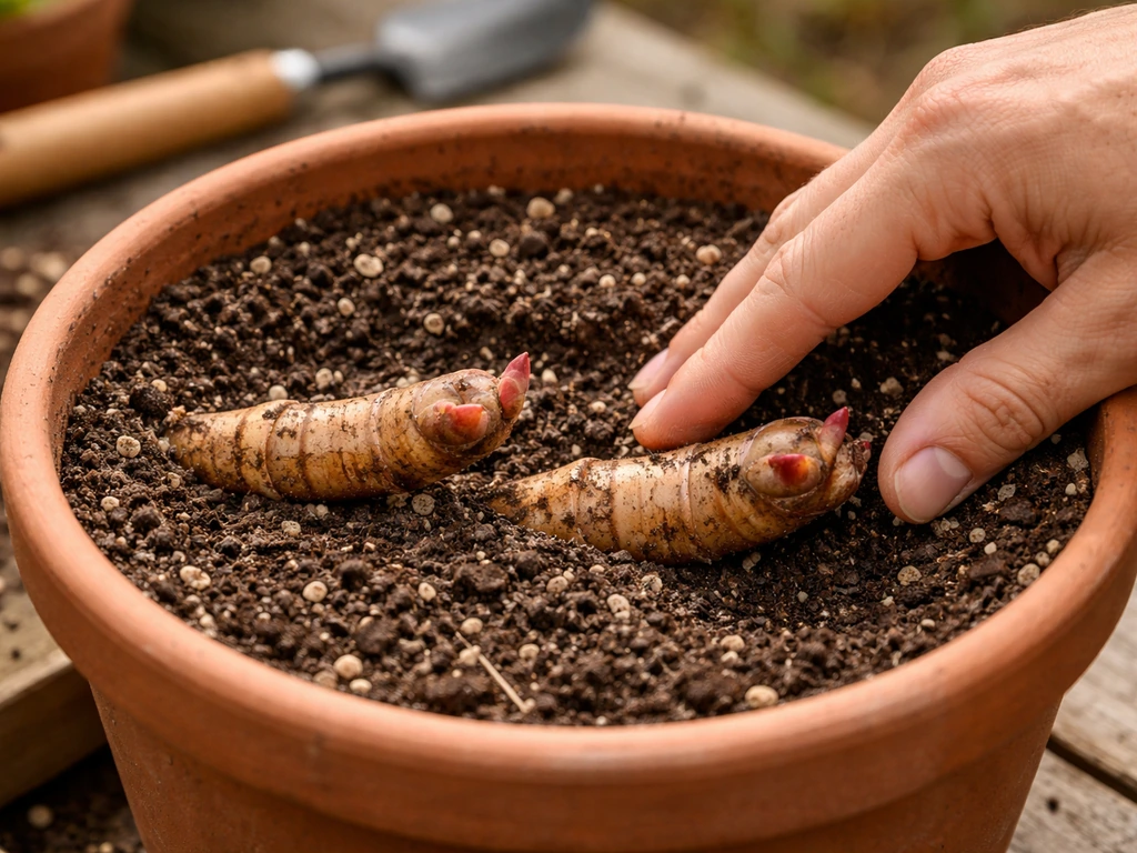 Hand placing a bare canna rhizome into a potting mix bed, showing eye orientation.