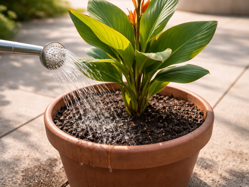 Watering a container canna plant at the soil surface with a watering can until water drains.