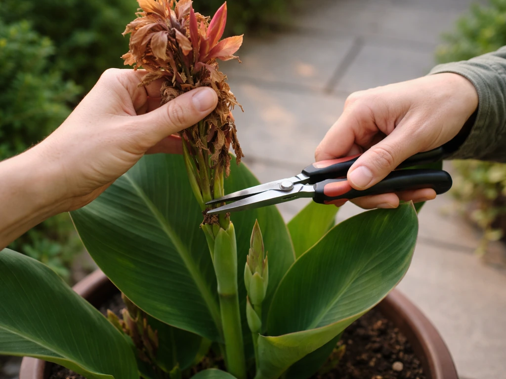 Hands deadheading a container canna by cutting a spent flower spike, with new buds nearby.